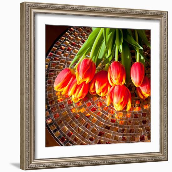 Red Tulips On Mosaic Table-volgariver-Framed Photographic Print