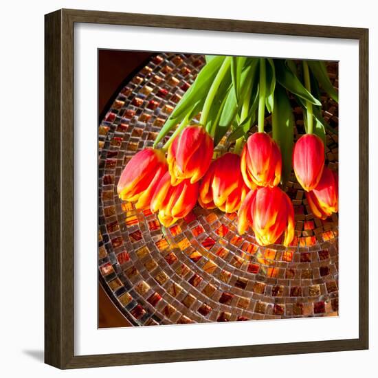 Red Tulips On Mosaic Table-volgariver-Framed Photographic Print