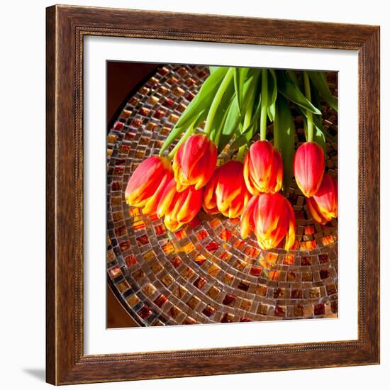 Red Tulips On Mosaic Table-volgariver-Framed Photographic Print