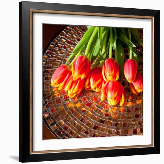 Red Tulips On Mosaic Table-volgariver-Framed Photographic Print