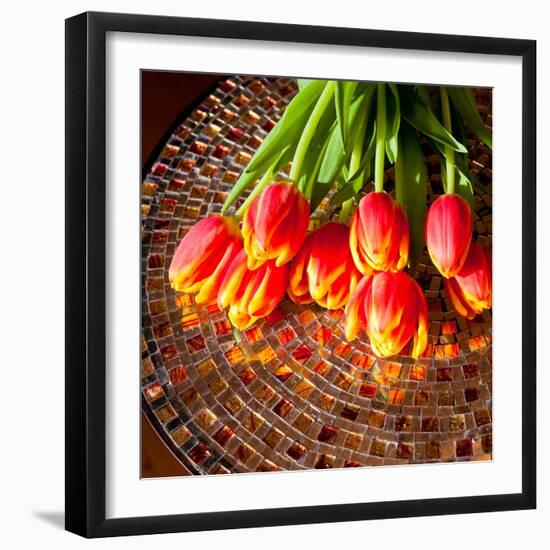 Red Tulips On Mosaic Table-volgariver-Framed Photographic Print