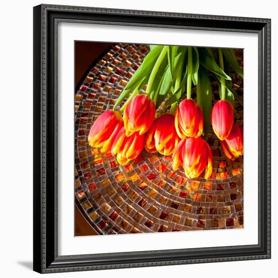 Red Tulips On Mosaic Table-volgariver-Framed Photographic Print
