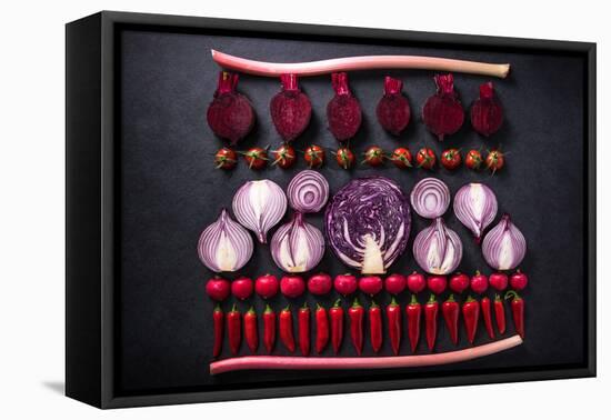 Red Vegetables Cut in Halves, Flat Lay Design on Dark Background, Symmetric-Marcin Jucha-Framed Premier Image Canvas