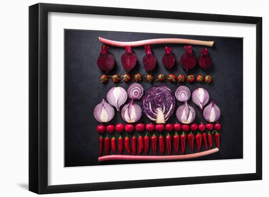 Red Vegetables Cut in Halves, Flat Lay Design on Dark Background, Symmetric-Marcin Jucha-Framed Photographic Print