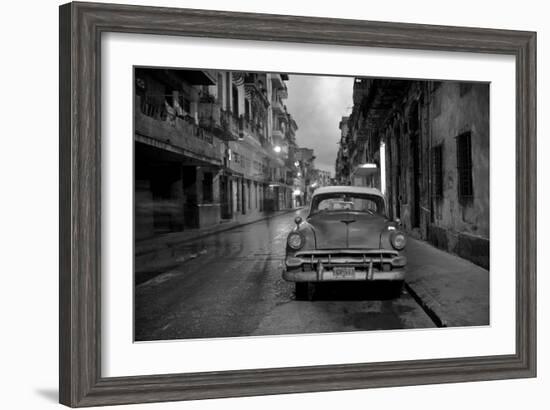 Red Vintage American Car Parked on a Floodlit Street in Havana Centro at Night-Lee Frost-Framed Photographic Print