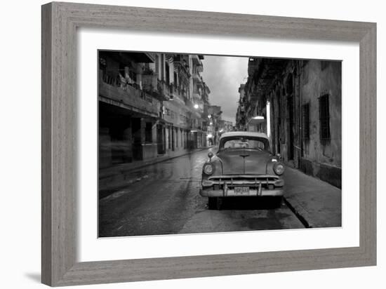 Red Vintage American Car Parked on a Floodlit Street in Havana Centro at Night-Lee Frost-Framed Photographic Print