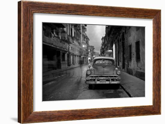 Red Vintage American Car Parked on a Floodlit Street in Havana Centro at Night-Lee Frost-Framed Photographic Print