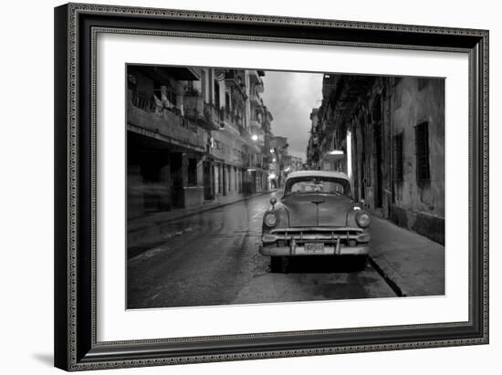 Red Vintage American Car Parked on a Floodlit Street in Havana Centro at Night-Lee Frost-Framed Photographic Print