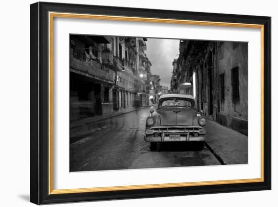 Red Vintage American Car Parked on a Floodlit Street in Havana Centro at Night-Lee Frost-Framed Photographic Print