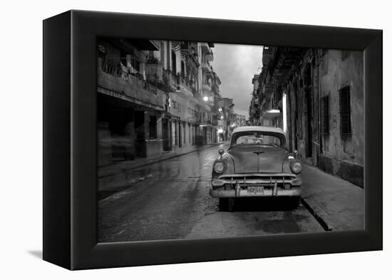 Red Vintage American Car Parked on a Floodlit Street in Havana Centro at Night-Lee Frost-Framed Premier Image Canvas