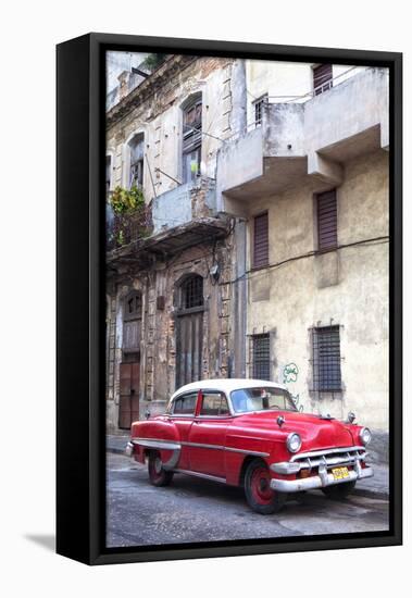 Red Vintage American Car Parked on a Street in Havana Centro-Lee Frost-Framed Premier Image Canvas