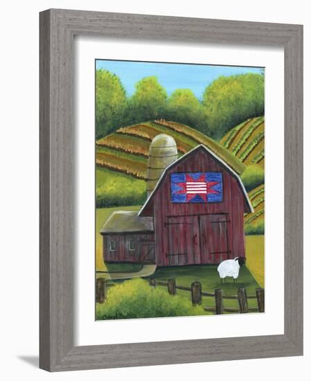 Red White Blue Quilt Barn Sheep-Cheryl Bartley-Framed Giclee Print