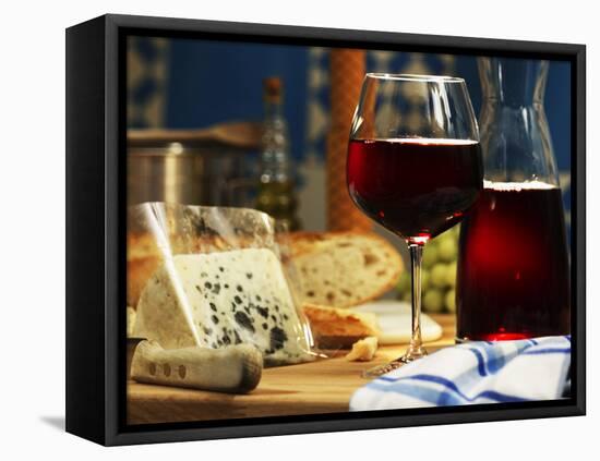 Red Wine in Glass and Carafe and a Piece of Gorgonzola-Michael Meisen-Framed Premier Image Canvas