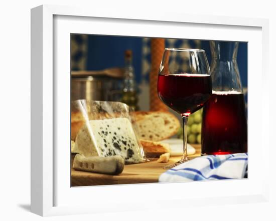 Red Wine in Glass and Carafe and a Piece of Gorgonzola-Michael Meisen-Framed Photographic Print