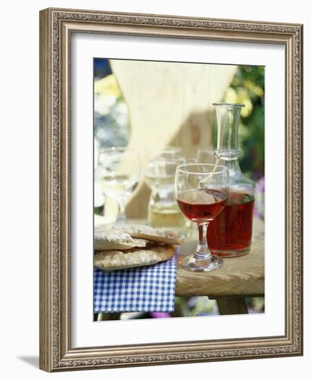 Red Wine in Glass and Carafe, Schüttelbrot Beside (S. Tyrol)-Eising Studio - Food Photo and Video-Framed Photographic Print
