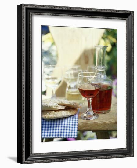 Red Wine in Glass and Carafe, Schüttelbrot Beside (S. Tyrol)-Eising Studio - Food Photo and Video-Framed Photographic Print