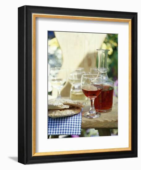 Red Wine in Glass and Carafe, Schüttelbrot Beside (S. Tyrol)-Eising Studio - Food Photo and Video-Framed Photographic Print