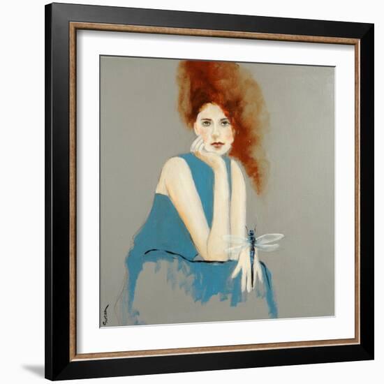 Redhead in Blue Dress with Dragonfly, 2016-Susan Adams-Framed Giclee Print