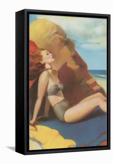 Redhead on Beach in Two-Piece-null-Framed Stretched Canvas