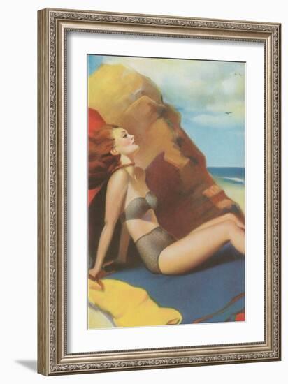 Redhead on Beach in Two-Piece-null-Framed Art Print