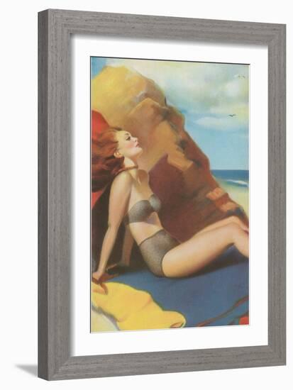 Redhead on Beach in Two-Piece-null-Framed Art Print