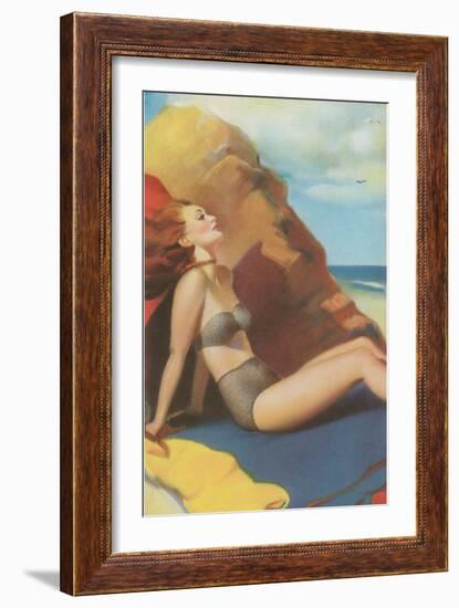 Redhead on Beach in Two-Piece-null-Framed Art Print