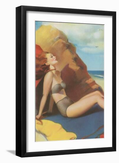 Redhead on Beach in Two-Piece-null-Framed Art Print