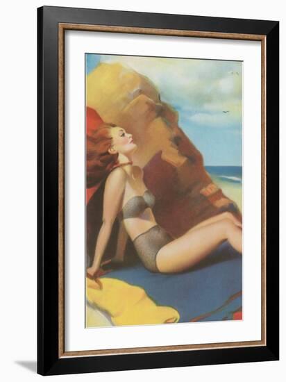 Redhead on Beach in Two-Piece-null-Framed Premium Giclee Print