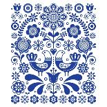 Scandinavian Cute Folk Art Vector Decoration with Birds and Flowers, Scandinavian Navy Blue Floral-RedKoala-Mounted Art Print