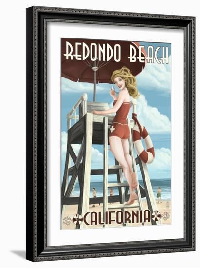 Redondo Beach, California - Lifeguard Pinup-Lantern Press-Framed Art Print