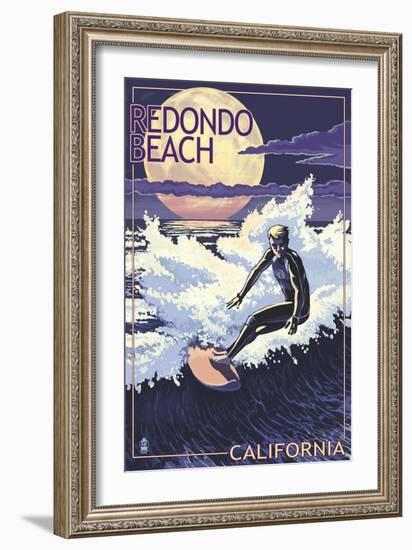 Redondo Beach, California - Night Surfer-Lantern Press-Framed Art Print