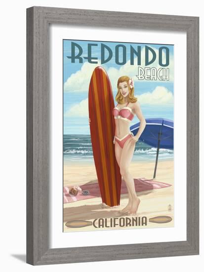 Redondo Beach, California - Pinup Surfer Girl-Lantern Press-Framed Art Print