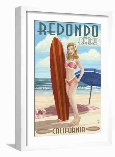 Redondo Beach, California - Pinup Surfer Girl-Lantern Press-Framed Art Print