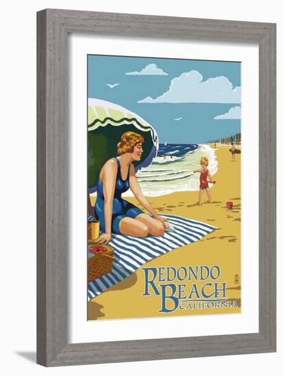 Redondo Beach, California - Woman on the Beach-Lantern Press-Framed Art Print