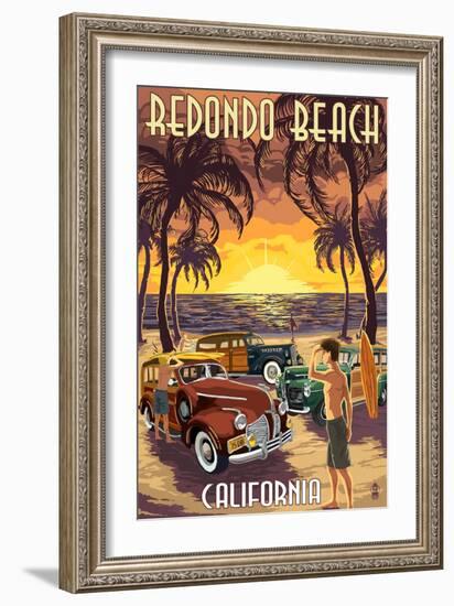 Redondo Beach, California - Woodies and Sunset-Lantern Press-Framed Art Print