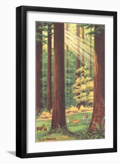 Redwoods Scene with People and Deer-null-Framed Art Print