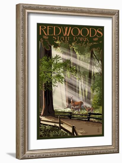 Redwoods State Park - Deer and Fawns-Lantern Press-Framed Premium Giclee Print