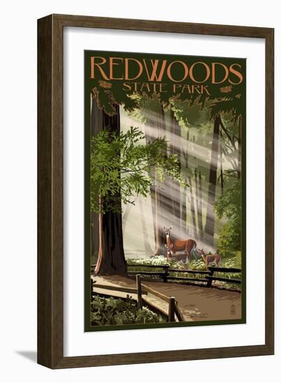 Redwoods State Park - Deer and Fawns-Lantern Press-Framed Premium Giclee Print