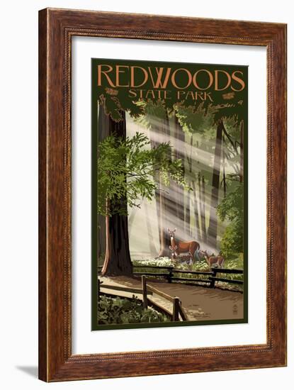 Redwoods State Park - Deer and Fawns-Lantern Press-Framed Art Print