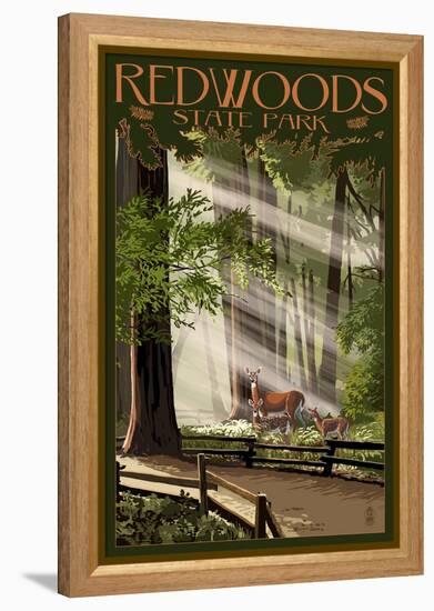 Redwoods State Park - Deer and Fawns-Lantern Press-Framed Stretched Canvas