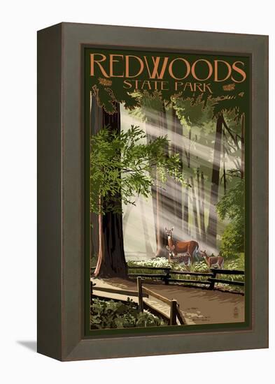 Redwoods State Park - Deer and Fawns-Lantern Press-Framed Stretched Canvas