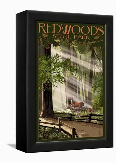 Redwoods State Park - Deer and Fawns-Lantern Press-Framed Stretched Canvas