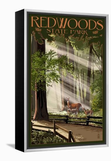 Redwoods State Park - Deer and Fawns-Lantern Press-Framed Stretched Canvas