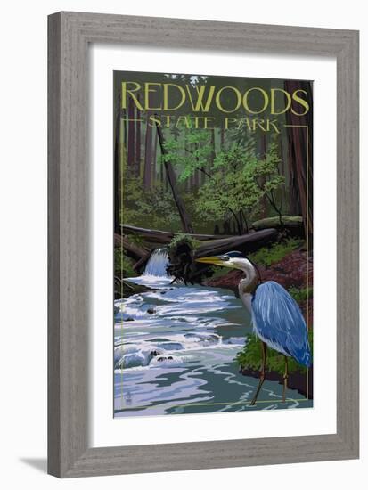 Redwoods State Park - Heron and Waterfall-Lantern Press-Framed Art Print