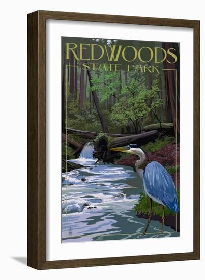 Redwoods State Park - Heron and Waterfall-Lantern Press-Framed Art Print