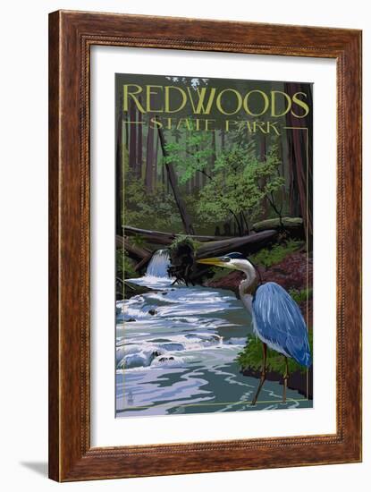 Redwoods State Park - Heron and Waterfall-Lantern Press-Framed Art Print