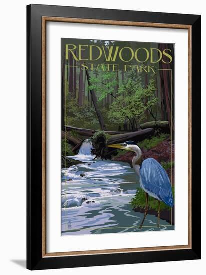 Redwoods State Park - Heron and Waterfall-Lantern Press-Framed Art Print