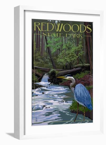 Redwoods State Park - Heron and Waterfall-Lantern Press-Framed Art Print