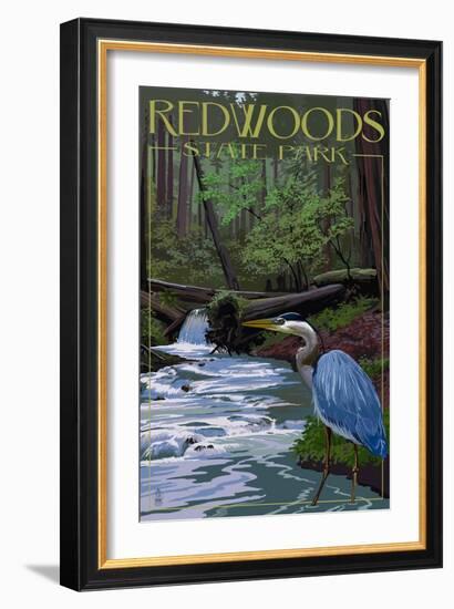 Redwoods State Park - Heron and Waterfall-Lantern Press-Framed Art Print