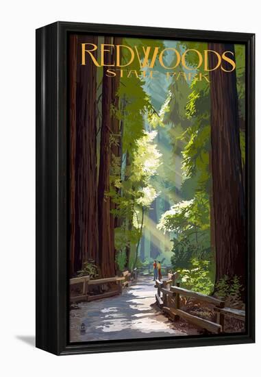 Redwoods State Park - Pathway in Trees-Lantern Press-Framed Stretched Canvas